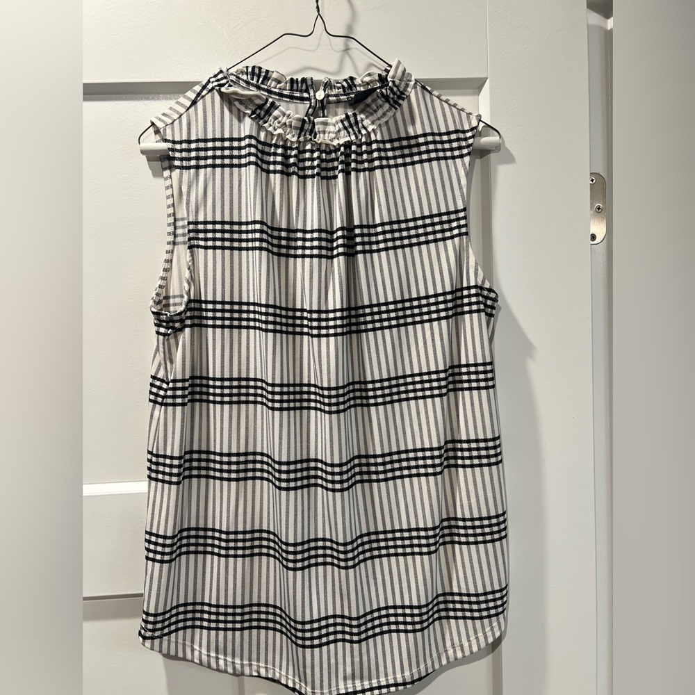 Ann Taylor Factory, medium, black and white plaid ruffle neck sleeveless blouse